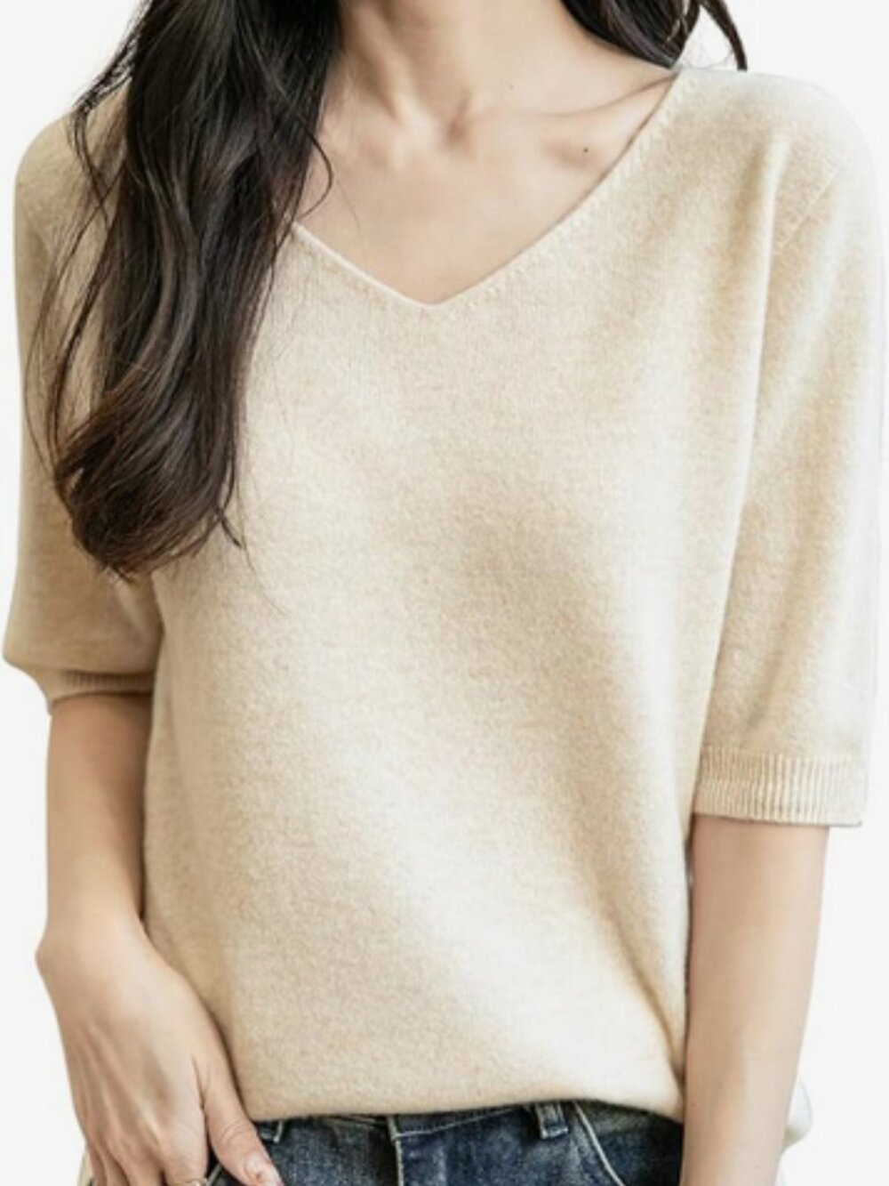 Women's V-Neck 100% Merino Wool Spring Fall Winter Short Sleeve Cream XL